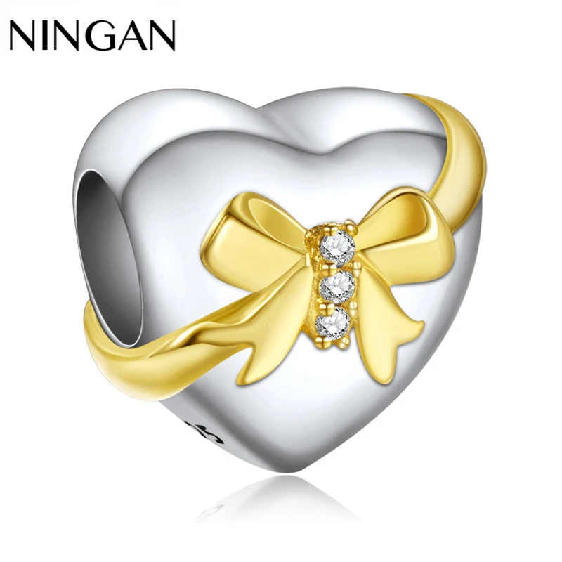 

NINGAN Love Heart Bow Beaded Charm 925 Sterling Silver Bracelet Bangle Zircon Charms Women Diy Jewelry Gift