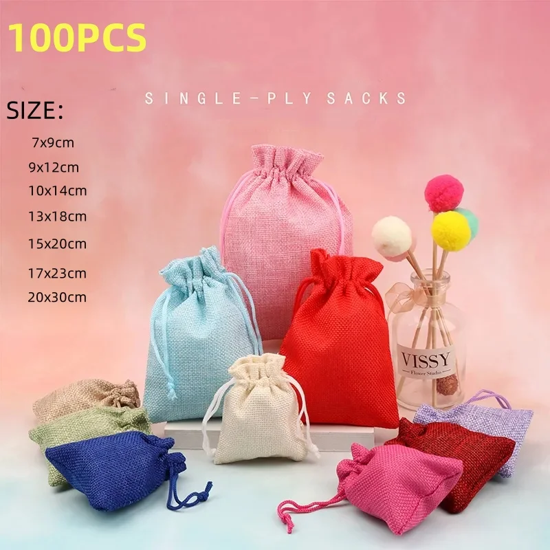 

100PCS Handmade Colorful Natural Linen Gift Bag Wedding Party Multi size Jewelry Candy DIY Packaging Bag Customizable Markings