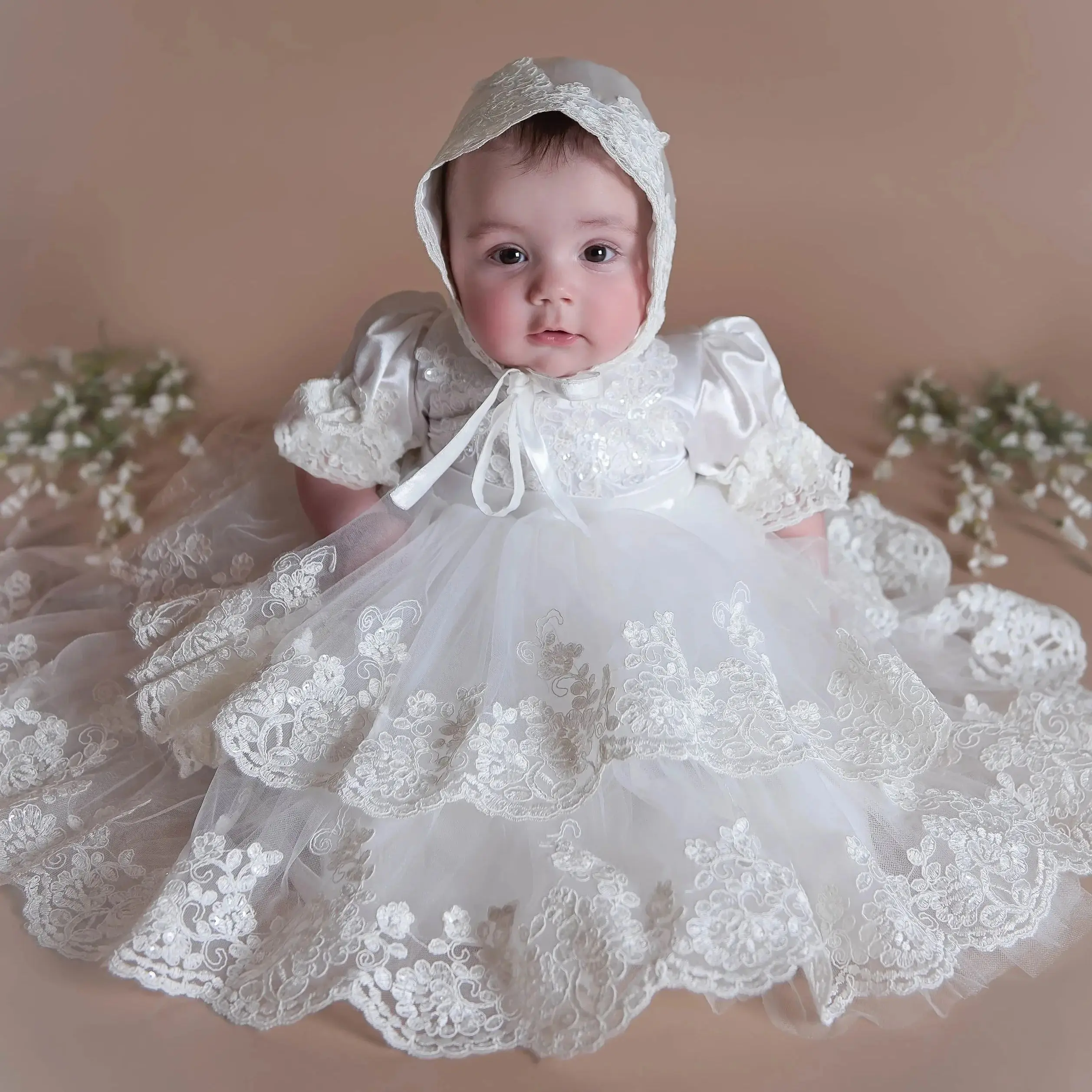 

White Ball Gown Baby Christening Gowns Lace Sequins Toddler Girls Baptism Dresses Bows Newborn Infant First Communion Dresses