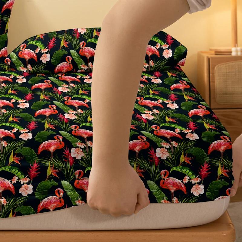 1pcs Flamingo Banana Pattern Brushed Fitted Sheet, Printed Bed Cover For Bedroom,Bedding (Excluding Pillowcases) 4