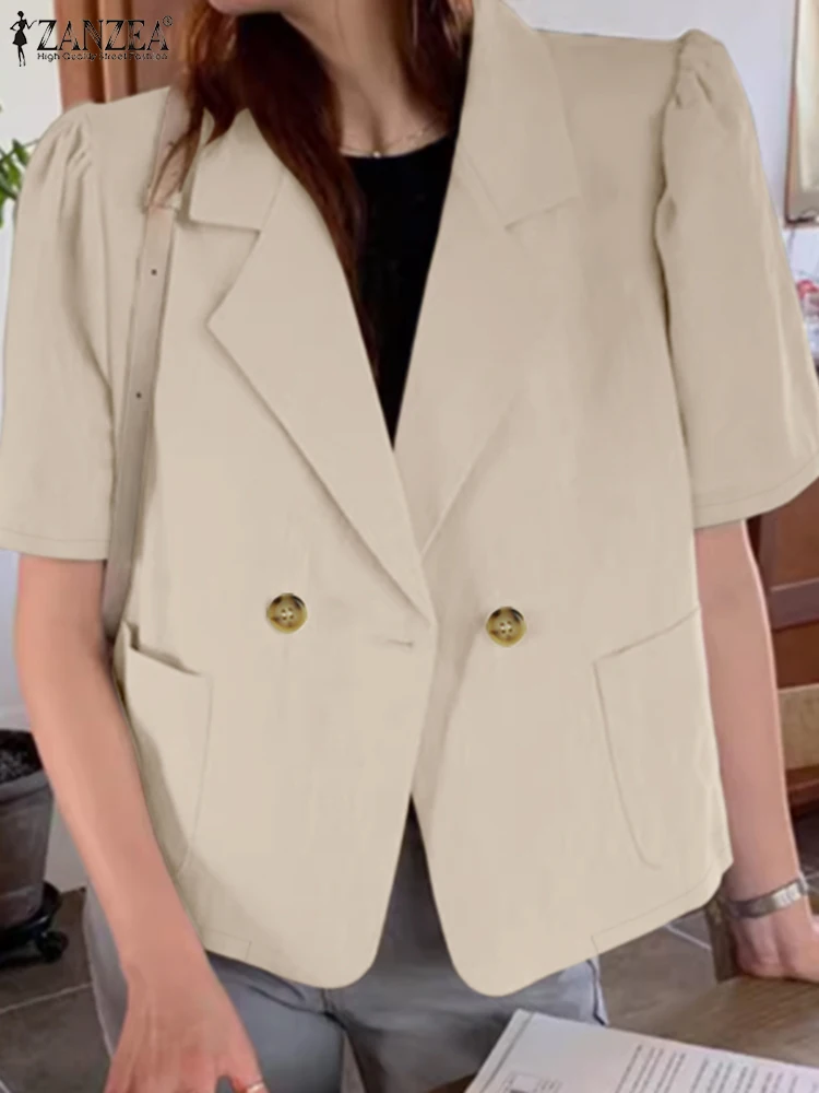 ZANZEA Summer Women Blazer Stylish Lapel Neck Jackets Solid OL Work Blouse Thin Tops Fashion Short Sleeve Buttons Up Shirt Femme