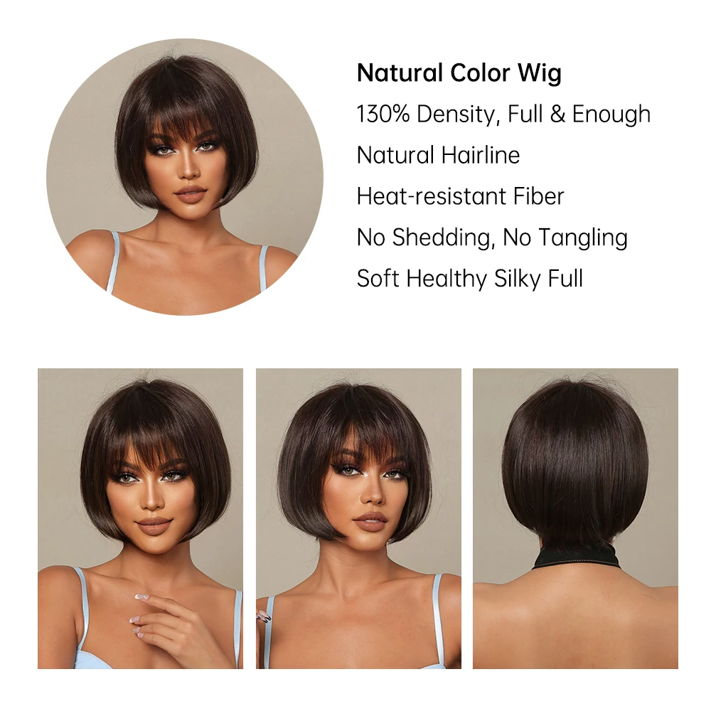 Synthetic Blend Wigs Bob Wig 30% Human Hair Blend Synthetic Fiber Women Bob Short Wigs Natural Dark Brown Straight Wig Heat Resistant Daily Use Cosplay Wig