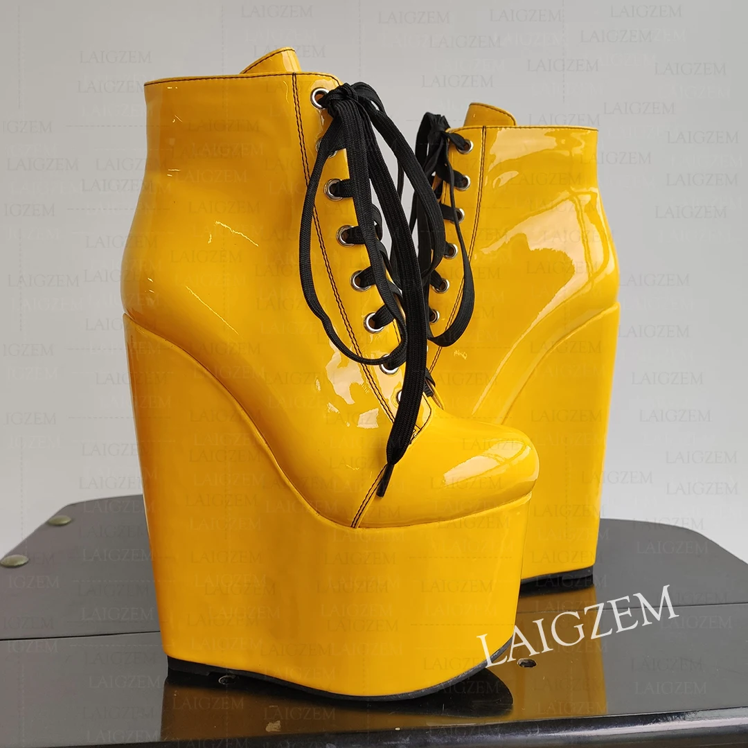 Women Ankle Boots Platform 18CM High Heels Side Zip Shiny Short