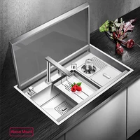 ASRAS Hidden kitchen Sink Single Flip Cover Hidden Large Size 304 Stainless Steel 4mm Thickness Handmade Brushed kitchen Sink 2