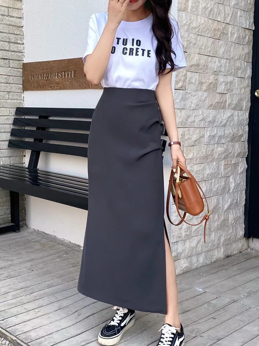 

Ankle length irregular half length skirt for women's spring/summer new suit material high waisted slim side slit skirt