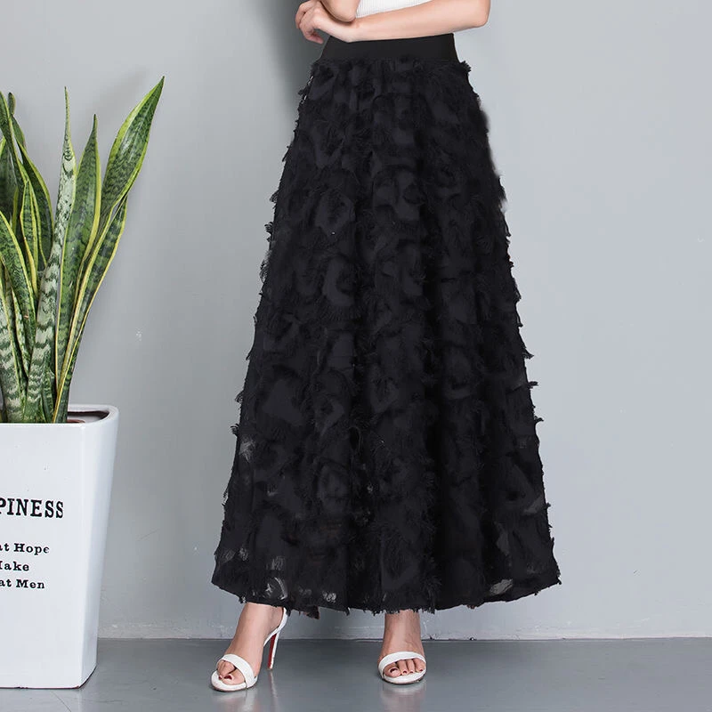 Spring Summer and Autumn New Chiffon High Waisted and Versatile A-line Skirt With Fluffy Tassels Ladies and Girls Black ruffle skirt Skirts