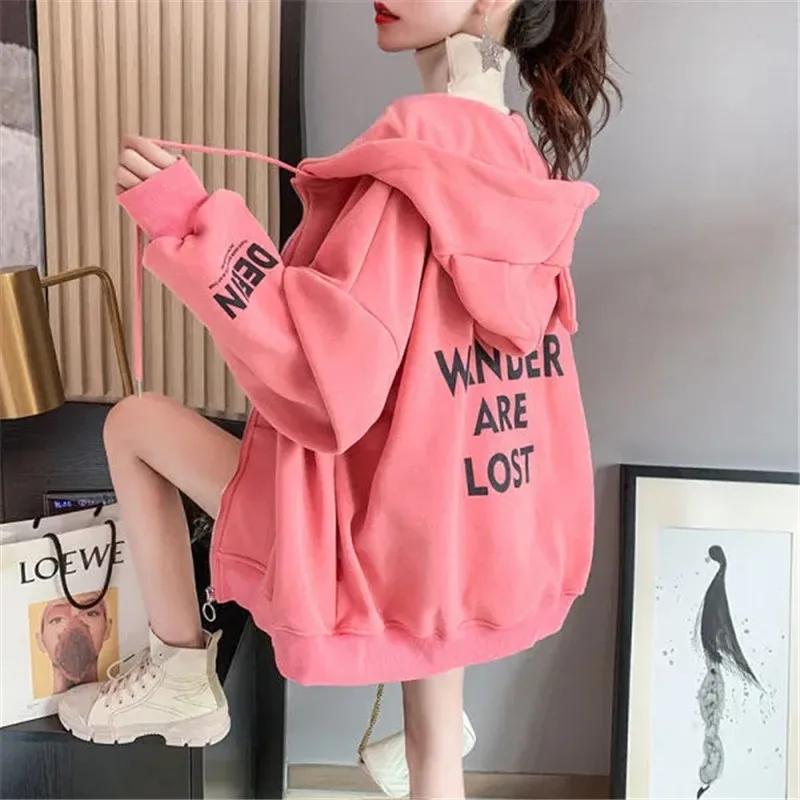 

Women Autumn Winter Jacket 2023New Add Velvet Padded Hooded Sweatshirt Coat Solid Color Cardigan Outerwear Female Short Overcoat