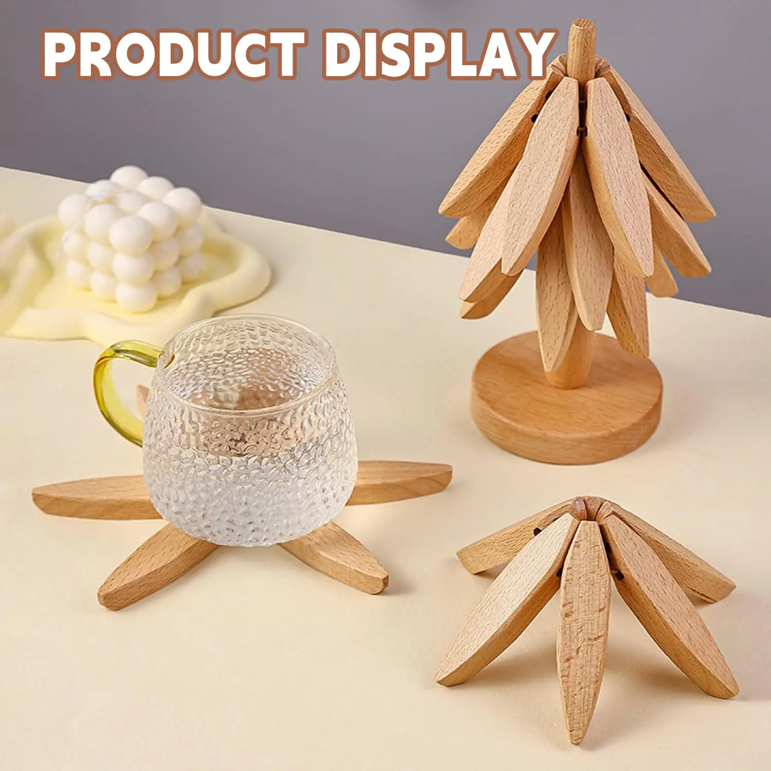 Tree Shape Wooden Trivet Set 4 Trivets + 1 Stand for Hot Dishes Natural Foldable Kitchen Trivet for Pot Bowl Teapot Hot Pot Hold