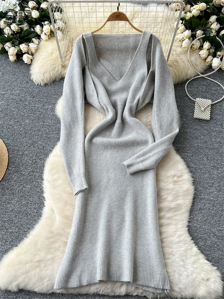 SINGREINY Winter Gentle Thick Dress Sets Women Long Sleeve Elastic Cardigan+Solid V Neck Dress Women Sexy Knitting Suits