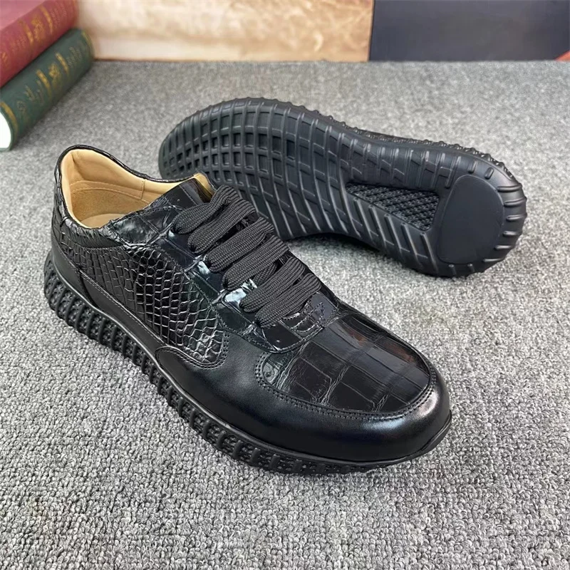 

Authentic Real Crocodile Skin Pure Black Color Men's Soft Sneakers Genuine Exotic Alligator Leather Male Lace-up Driving Flats