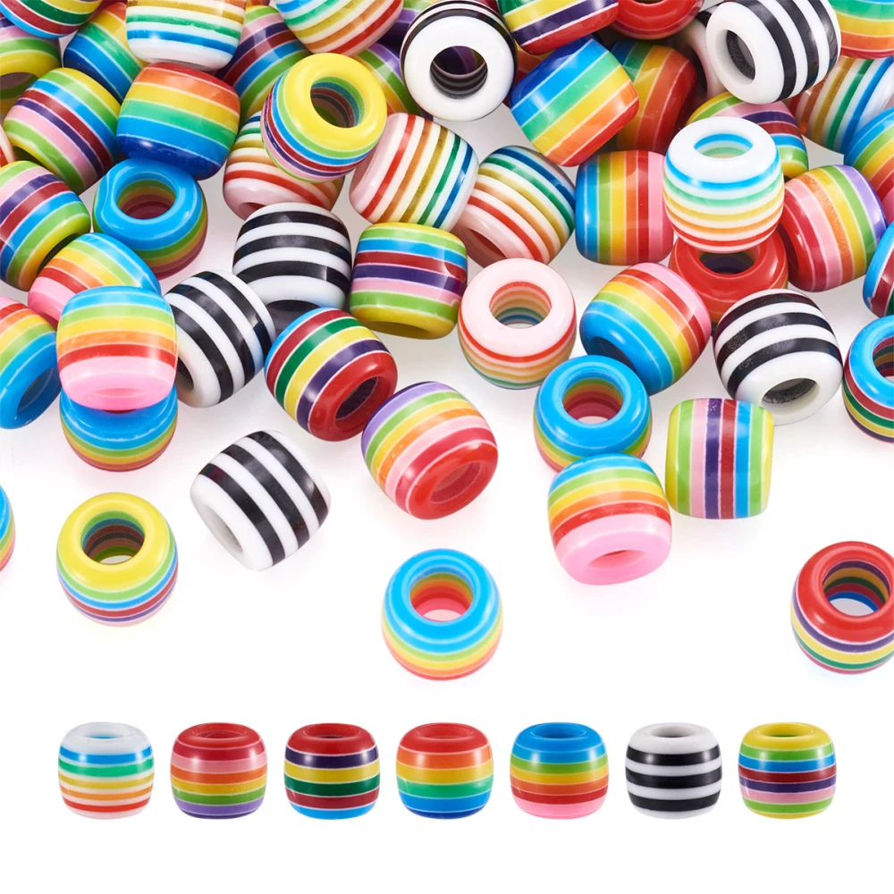

105pcs Rainbow Color Opaque Resin Stripe Spacer Beads Barrel Large Hole Beads For Jewelry Making DIY Bracelet Necklace Findings