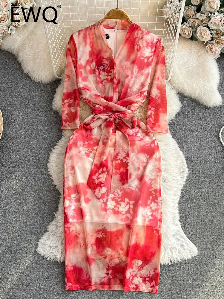 

EWQ Sweet Style Women's Dress Half-sleeve V-neck Contrast Color Print Mesh Lace-up Hip Warp Dresses Autumn Winter 2023 New 4589