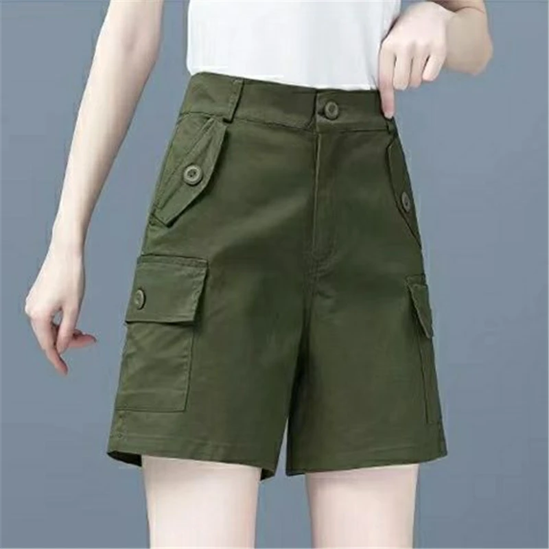 Women Clothes Pockets Buttons Streetwear Straight Cargo Short Pants Summer Fashion Casual Solid Cotton Shorts Pantalones Cortos