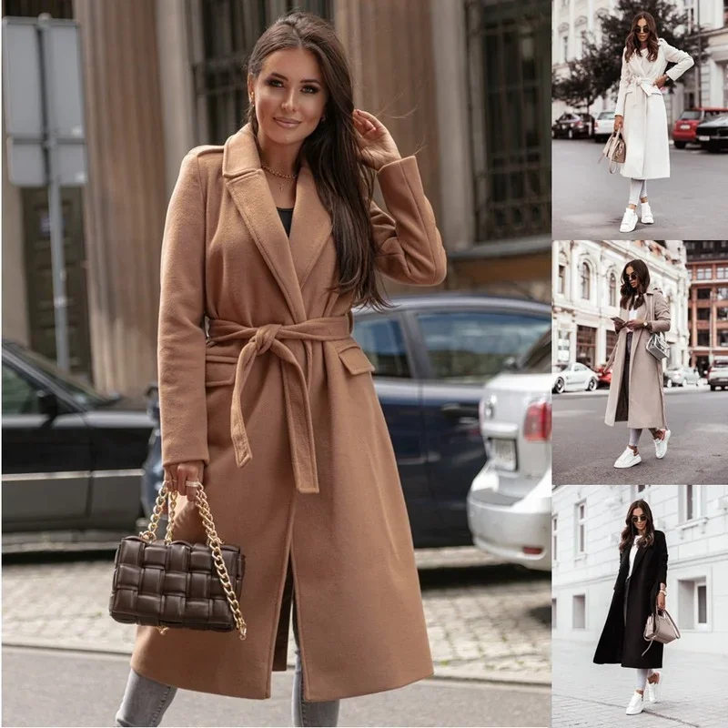 

2023 Autumn and Winter New Women's Simple Long-sleeved V-neck Tie Woolen Coat Ol Commuter Fashion Temperament Woolen Coat Women