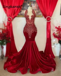 Sexy Sparkly Mermaid Prom Dress 2024 Velvet Sheer Neck Crystal Beads Rhinestones Party Dress Wedding Reception Gowns Robe