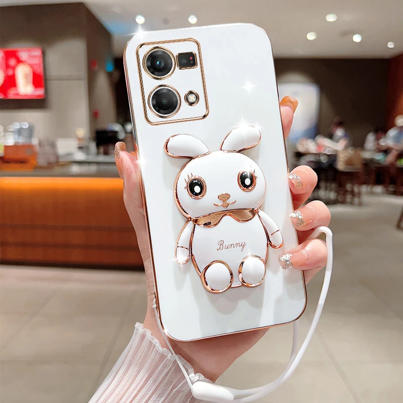 Per Oppo Reno 7 4G Custodia Per Telefono Cute Cartoon Rabbit Fold Stand Con Cordino Custodia Morbida In Silicone Di Lusso