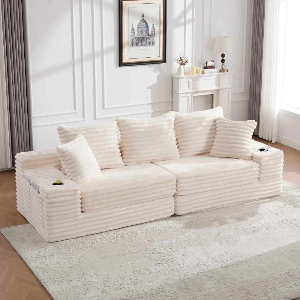Cordstoff Kompressions-Sofa mit Hoher Rückenlehne und Zusätzlichen Kissen, Beidseitige Taschen, Frei Kombinierbar Als Schlafsofa – Detail 37