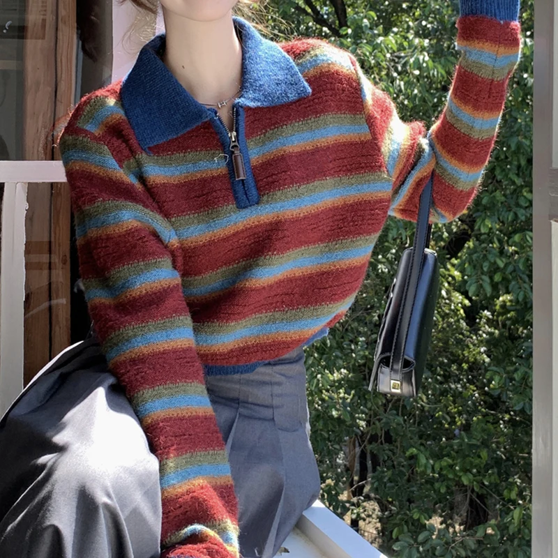 

Striped Knitted Oversized Long Sleeve Pullover Women Tops White 2023 Fall Winter Zipper Loose Casual Sweater Knitwears