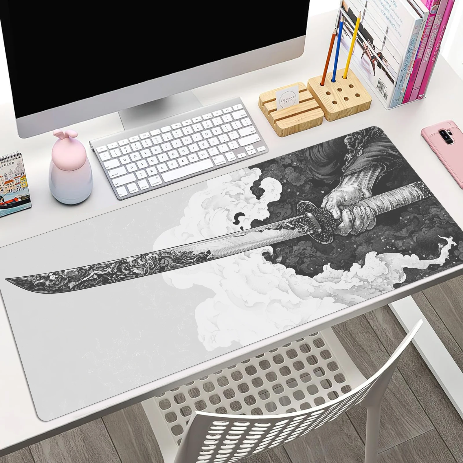 Black And White Comic Wind Sword Model Keyboard Mouse Pad Desk Mat, 3D Gaming Mouse Pad with Non-Slip Rubber Base Stitched Edges 5