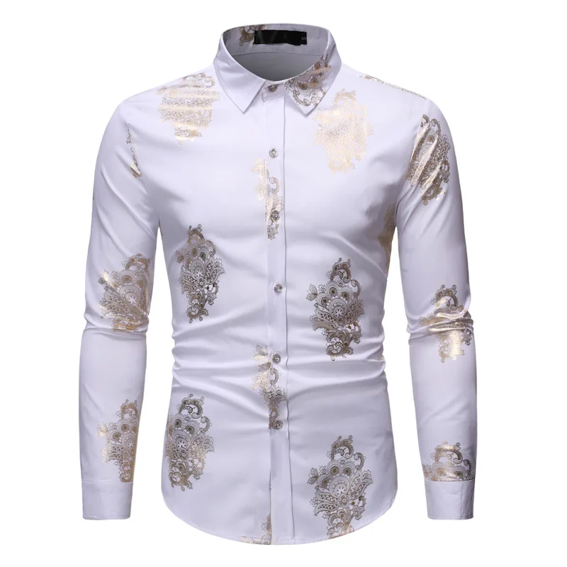 

Mens White Bronzing Floral Print Dress Shirts Camisa Masculina 2022 Brand Long Sleeve Button Up Shirt Men Party Tuxedo Shirt Man