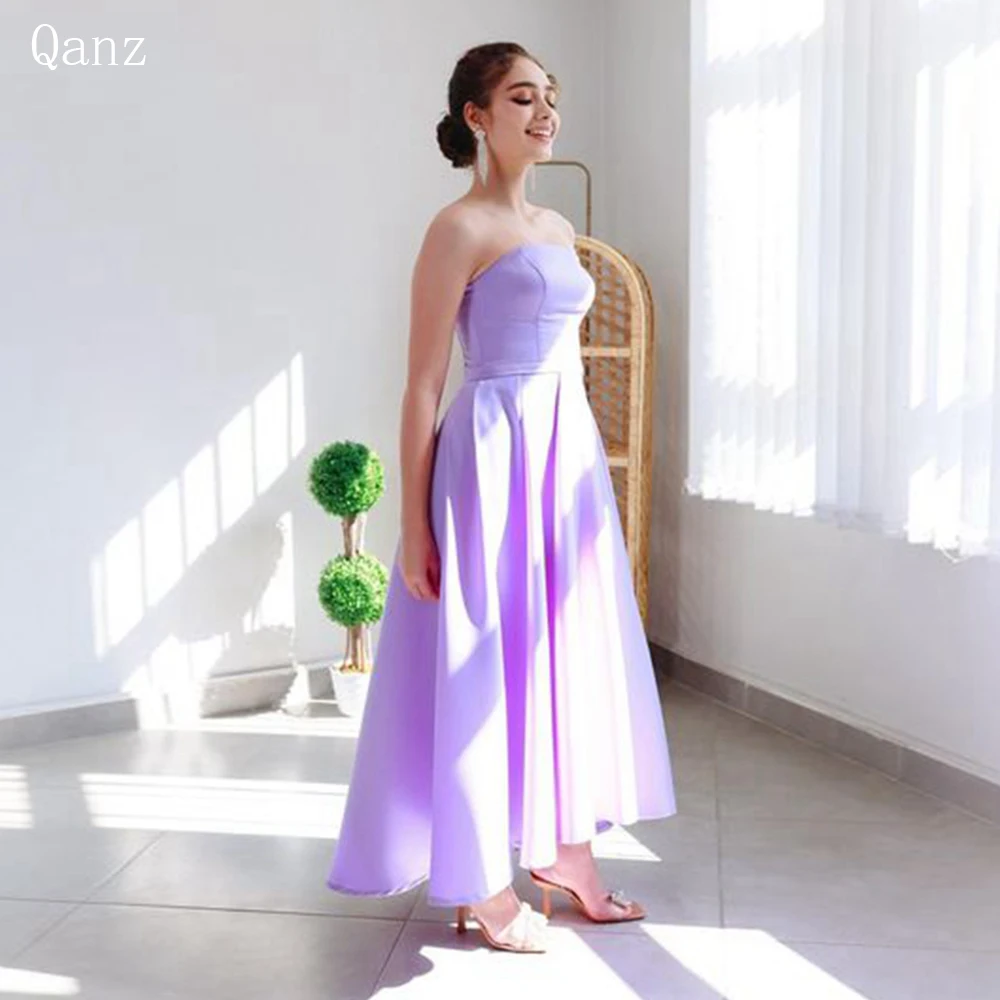 

Qanz Lilac Prom Dresses 2023 Ankle Length A-line Sharonsaid Simple Satin Pleat Strapless Formal Occasion Dresses Robes De Soirée