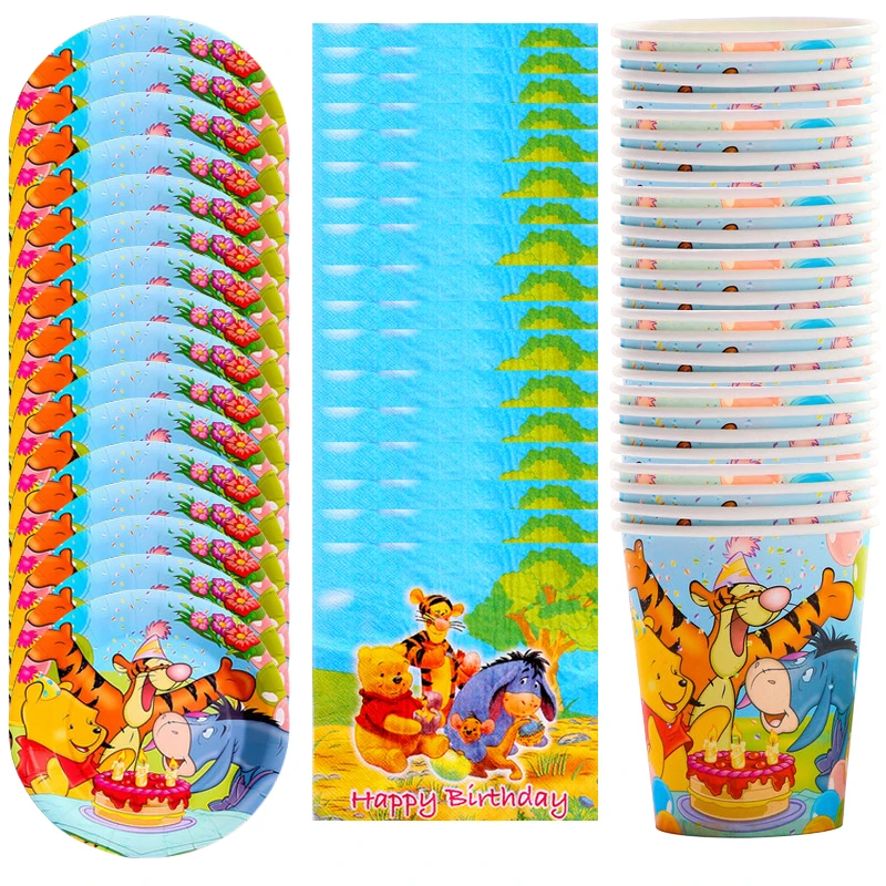 

Disney Winnie the Pooh Bear Theme Kids Favors Baby Shower Happy Birthday Party Decorations Tableware Cup Plate Napkin 60pcs/lot