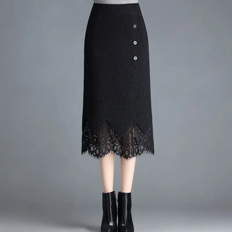 

Lace Patchwork Office Lady Simplicity Elegant Slim Women's Clothing Fashion Casual Elastic Waist Temperament Autumn Thin Skirts