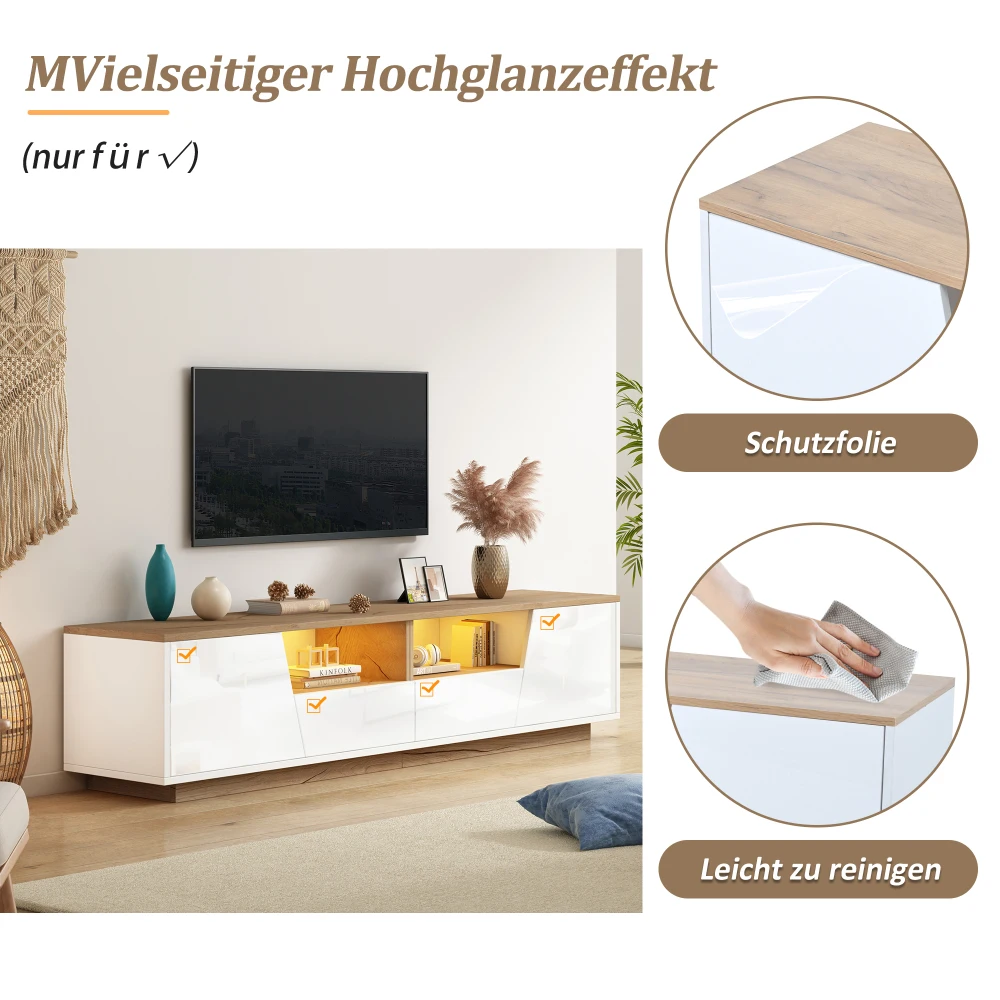 180 x 40 x 46 cm großer TV-Schrank mit 2 Schubladen und LED, Hochglanz-Lowboard und TV-Tisch, geeignet für 75-Zoll-Fernseher, Weiß + Holzfarbspleiß – Detail 16