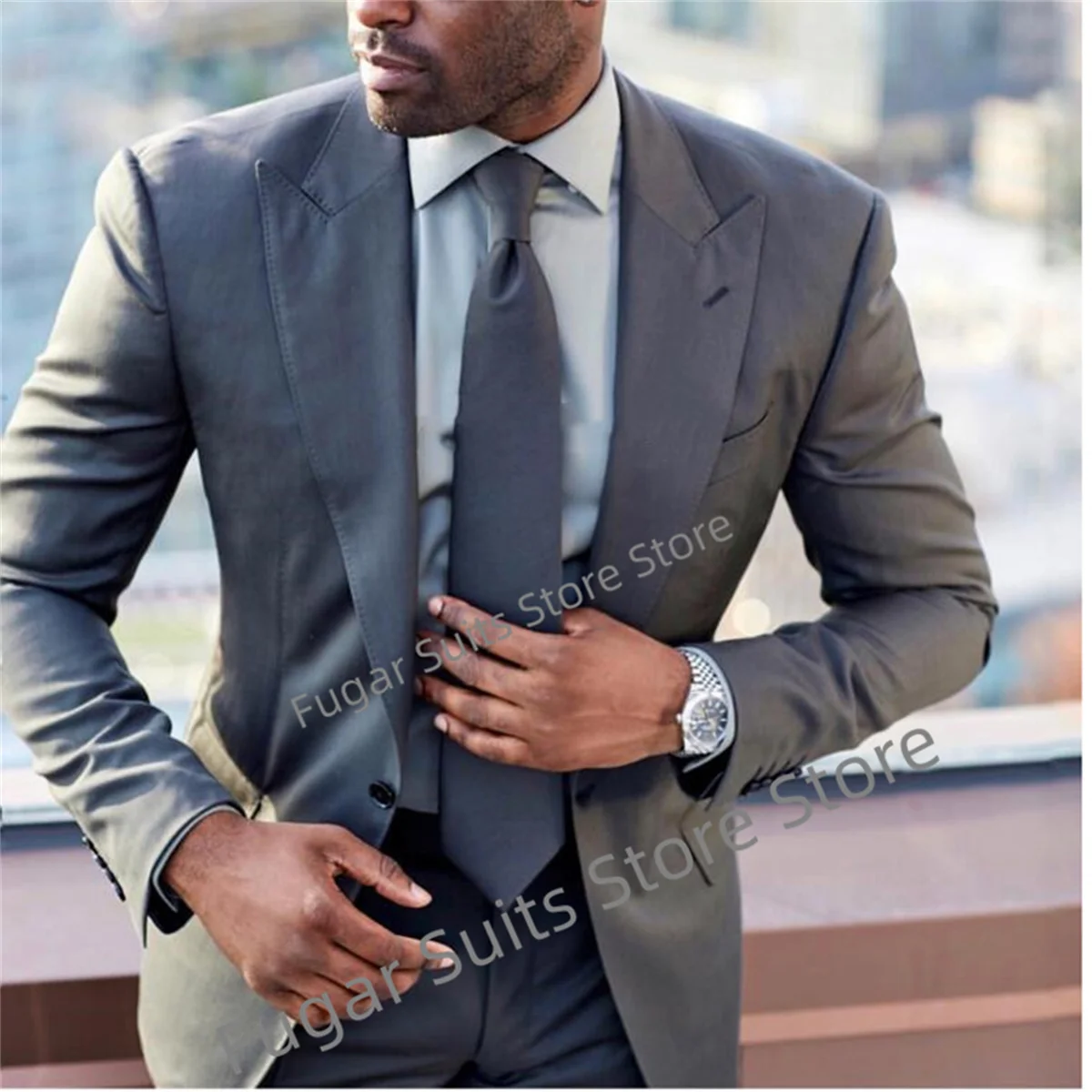 Business Office Work Gray Mens Suits Elegant Slim Fit Peak Lapel Formal Groom Tuxedo Party2 Piece Set Jacket Pants Costume Homme