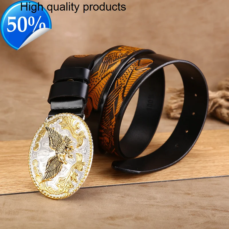 

GFOHUO New Fashion Casual Men's Genuine Leather Belts Male Top Quality Eagle Totem Smooth Buckle Retro Belt For Jeans