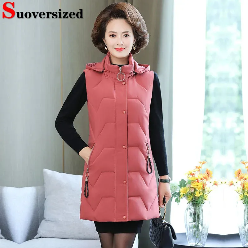 

Slim Hooded Mid-length Cotton Vests Casaco Winter Warm Long Women Waistcoat Korean Oversized 6xl Thick Casual Sleeveless Jackets