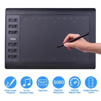 Professional Graphics Drawing Tablet 10x6 Inch 12 Express Keys 8192 Levels Battery-Free Stylus Nibs/Pen Clip Support PC/Laptop