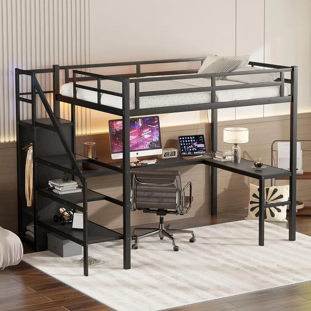 Full Size Gaming Loft Bed with L-Shaped Desk, LED and Charging Station,Wardrobe and Adjustable Shelf for Kids Teens Adults,Black 4
