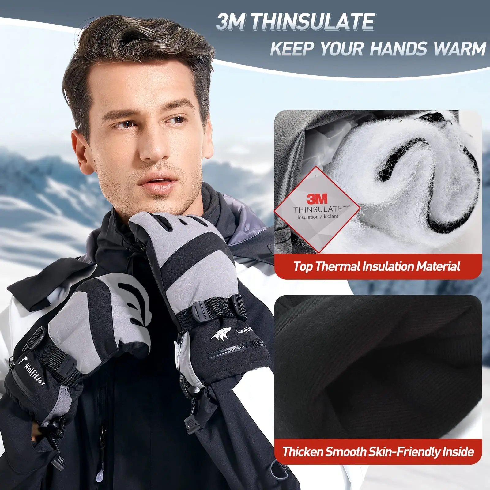WOLFILIST Ski Gloves Waterproof Windproof - 3M Thinsulate Insulated Warm Snow Gloves with Zipper Pocket 2