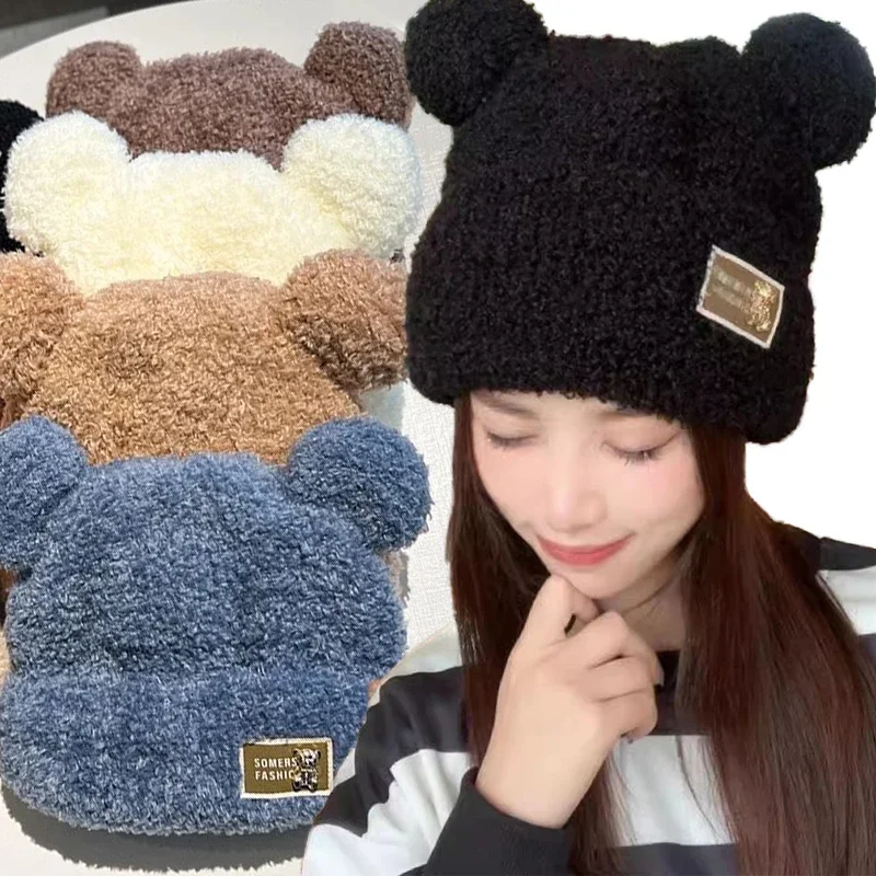 2024 Bear Ears Plush Beanies Hat Winter Cute Warm Thickened Knitted Caps Beanies Korean Sweet Ear Protection Women's Hats Gifts 2