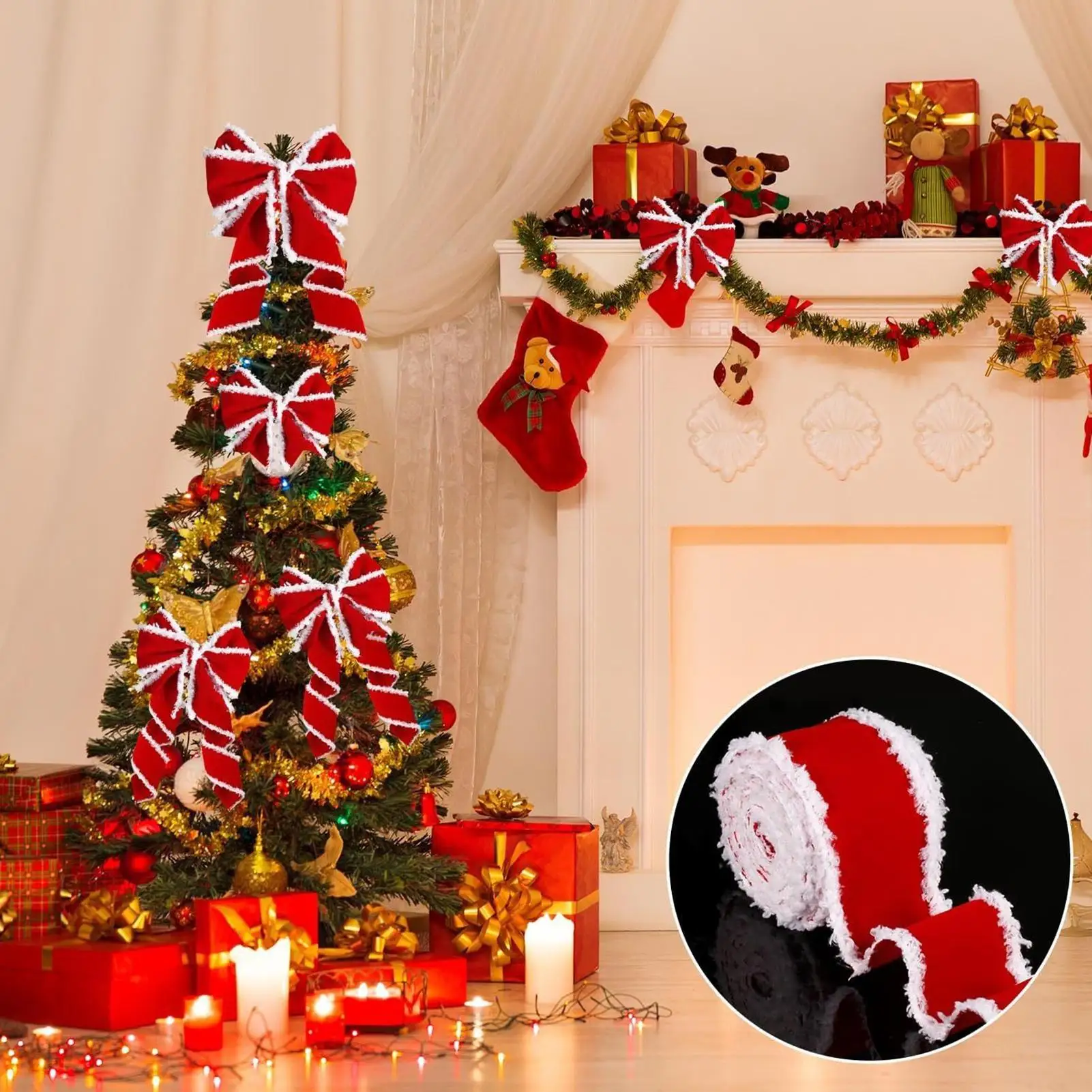 Christmas Ribbon 2 Pieces Red Christmas Decoration Burlap Ribbon For Bouquet Cake Wreath Tree Table Party Family Gathering