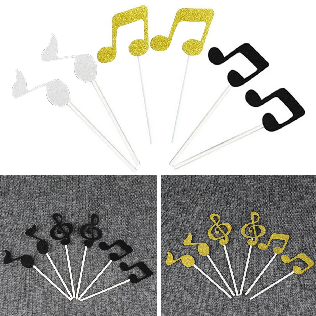 36pcs Music Notes Shaped Cake Toppers Paper Cake Picks Cupcake Decor Party Supplies(12pcs Black Note+12pcs Golden Note+12pcs Sil