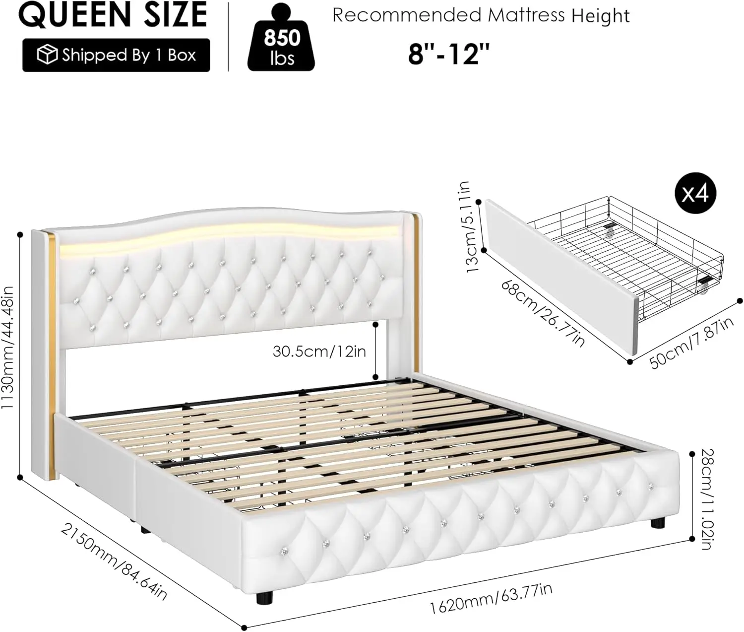 Queen Smart LED Platform Bed Frame with 4 Storage Drawers, Crystal Button-Tufted & Stainless Gold Trim Wingback Headboard 2