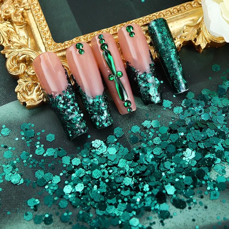 50g Emerald Dark Green Chunky Nail Glitter Mix Hexagon Ink-blue Bulk Fine Powder Decoration Accessories for Nail Polish Supplies Nail Glitter Nail Decoration Nail Decorations