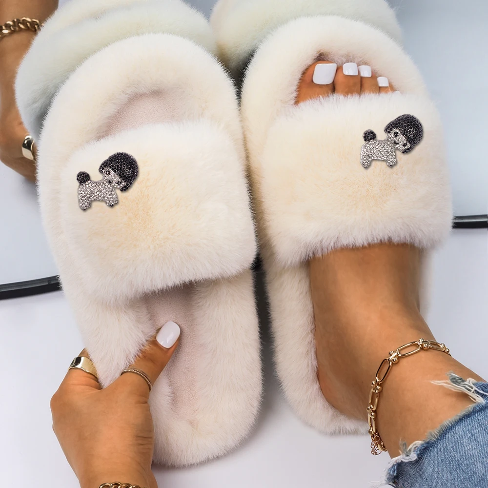 

Women Fluffy Slides Cartoon Teddy Decor Luxury Designer Sandals Ladies Faux Fur Flip Flops Flat Slippers Furry Shoes