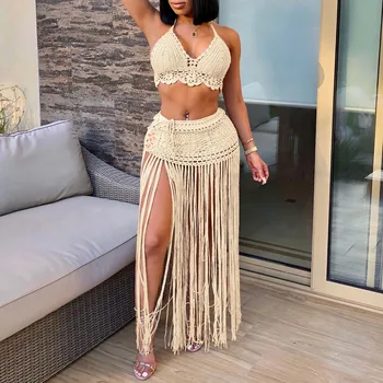 Women'S Two Piece Swimsuit Beach Cover Up Fashion Solid Colour Knitted High Waist Tassel Long Skirt Swimsuit Cover Up Bikini 1