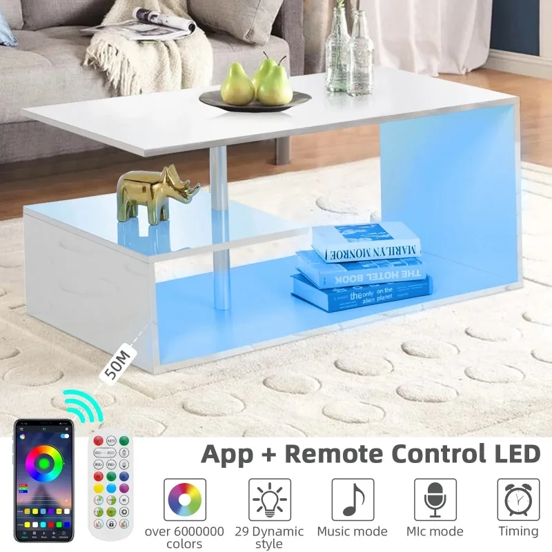 High Gloss Coffee Table with LED Lights Open Shelf Smart APP Control S Shaped Modern Sofa Side End Table for Living Room 2