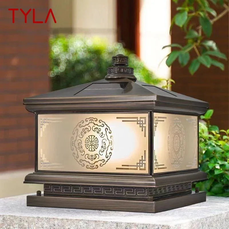 TYLA Outdoor Solar Post Lamp Vintage Creative Chinese Brass  Pillar Light LED Waterproof IP65 for Home Villa Courtyard