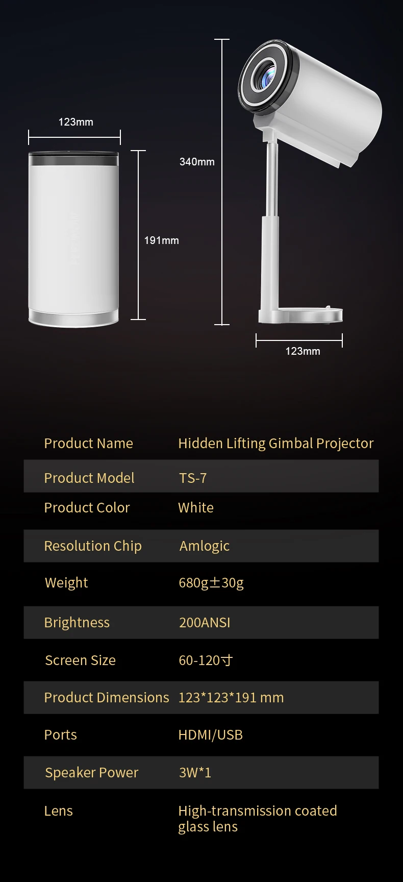 Smart Mini Hidden lifting Gimbal Projector 4K Portable with Wifi 6 Bluetooth 5.0