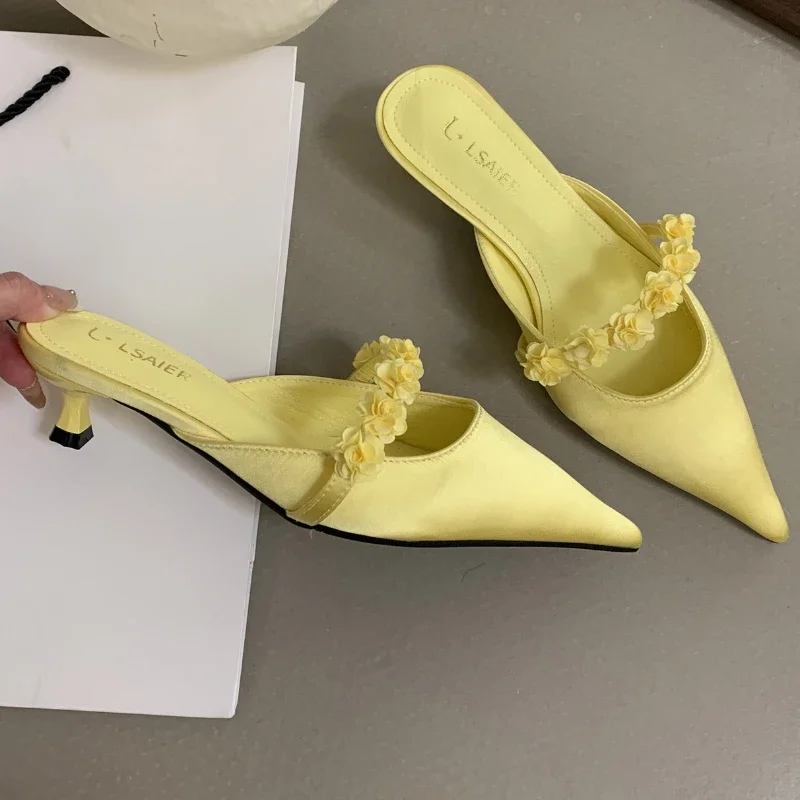 Satin Floral Designer Heeled Sandals Women Pointed toe Mule Pumps Elegant Banquet Slingback Dress Heels Slides Slippers Ladies