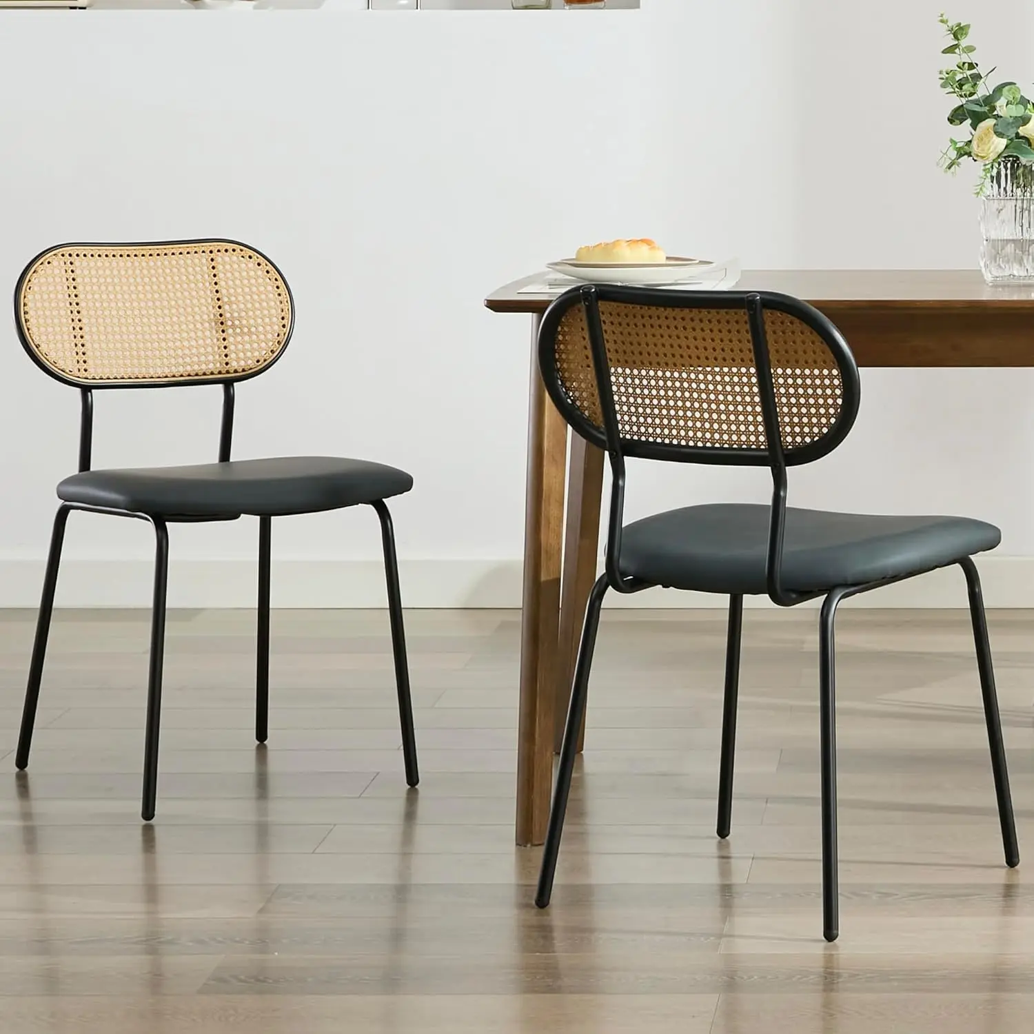 Dining Chairs Set of 2 Rattan Kitchen Chairs Black Leather Boho Dining Room Chairs Mid Century Modern Woven Upholstered