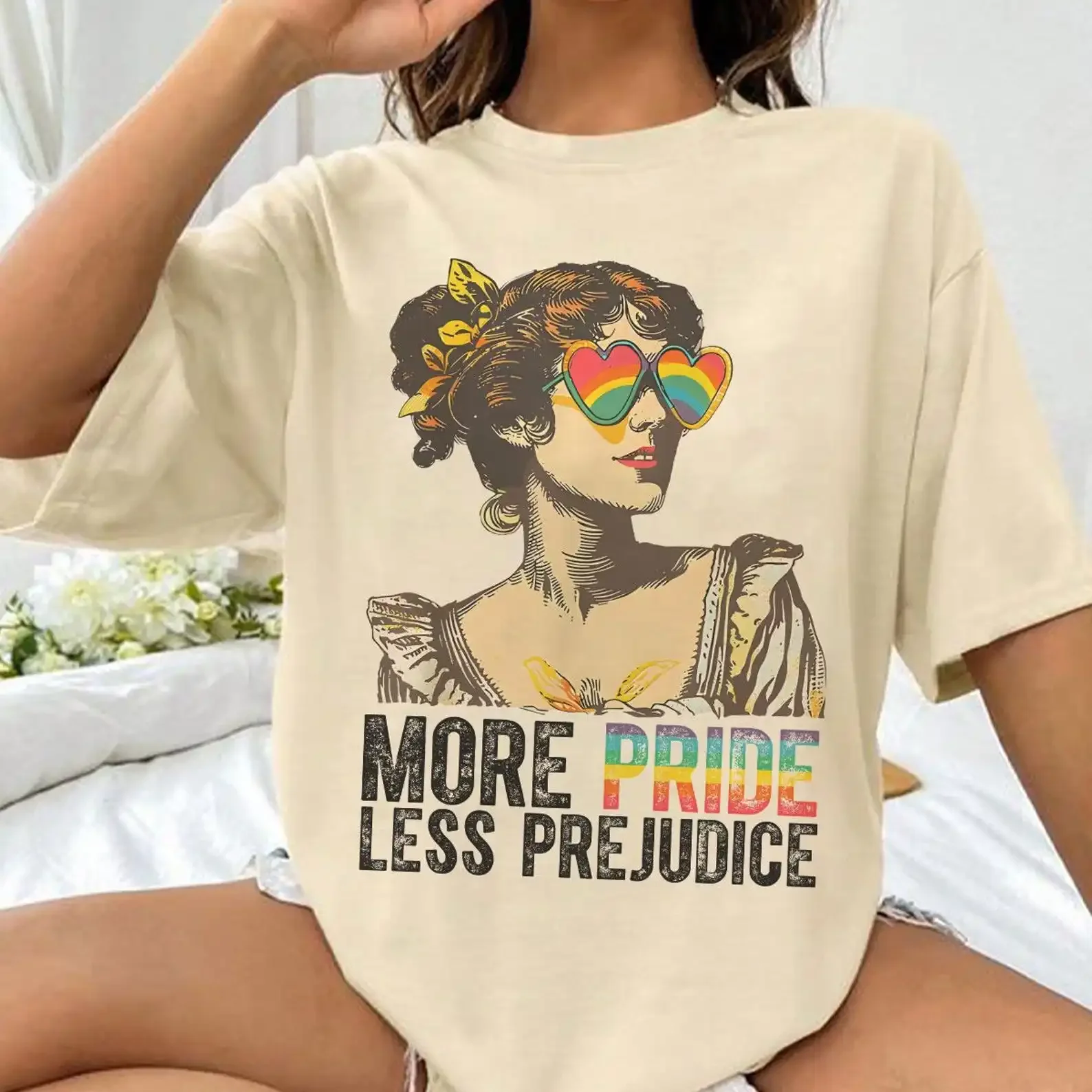 More Pride Less Prejudice Print Women Round Neck Shirt Pattern Printing Summer Women's T-Shirt Short Sleeve 2