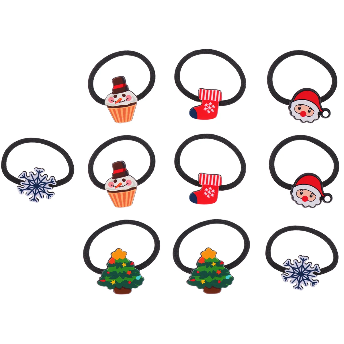 

10 Christmas Ties Ponytail Holder Ropes, Xmas Santa Claus Tree Snowflake Elastic Ties Cartoon Design Hair Accessories for Kids