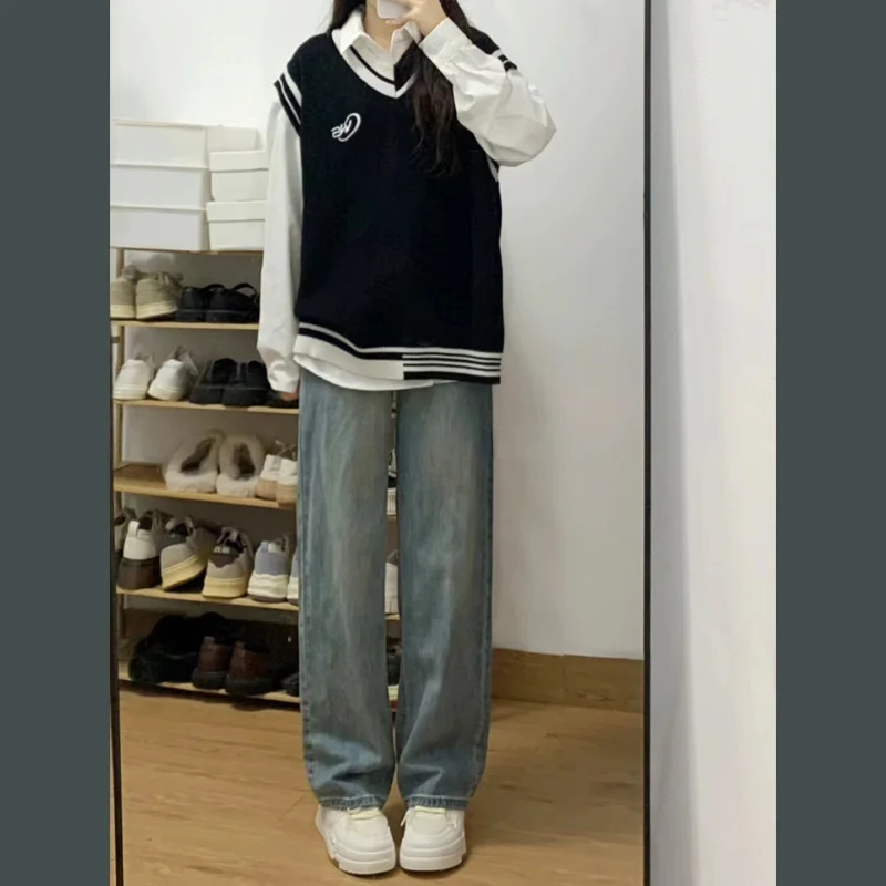 봄 착용 전체 세트 프레피 느슨한 서양식 v 넥 스웨터 여성 조끼 셔츠 청바지 세 조각 세트
