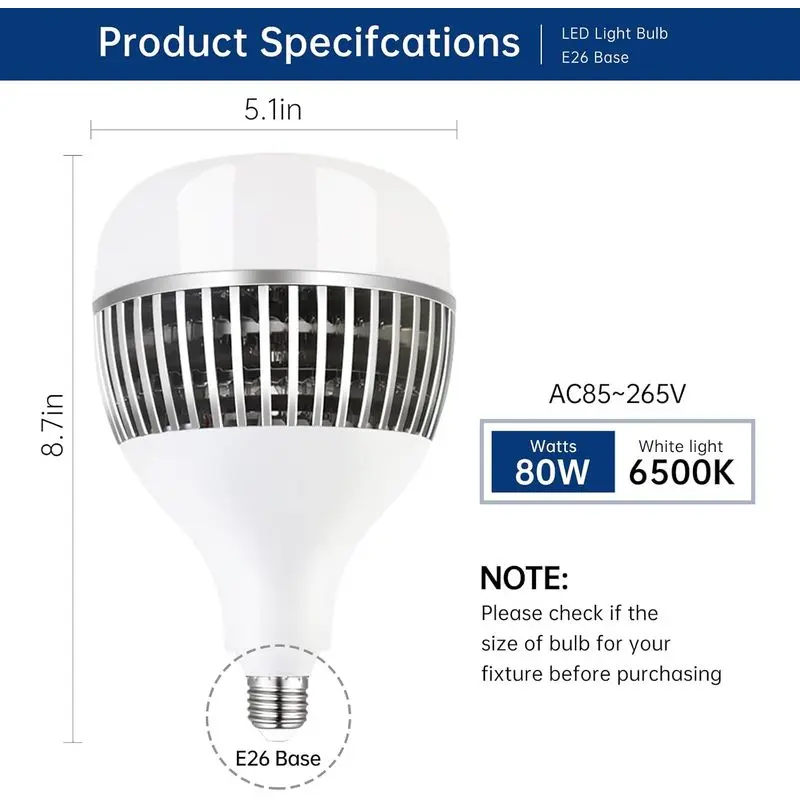 Super Bright Light Bulbs, 550-750W Equivalent Exceed 8000LM E26 LED Bulb, 6500K Daylight 80 Watt High Lumen LED Bulb